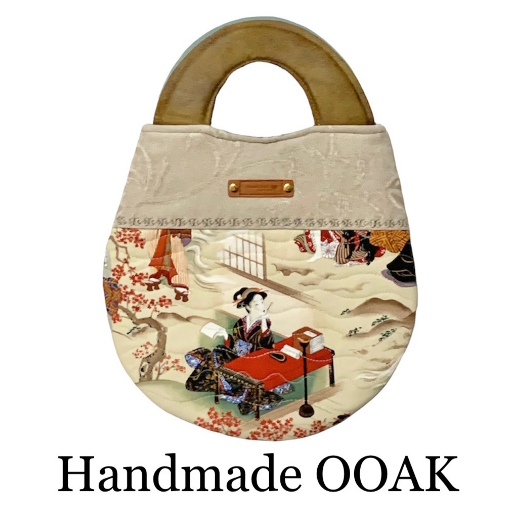 HAND CRAFTED Egg Shape Hand Bag Tote with Asian Art themed Fabric